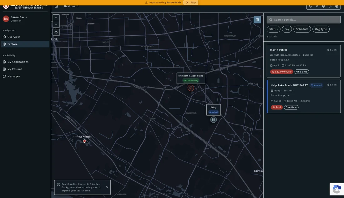 Safety Alert Patrol web app dashboard
