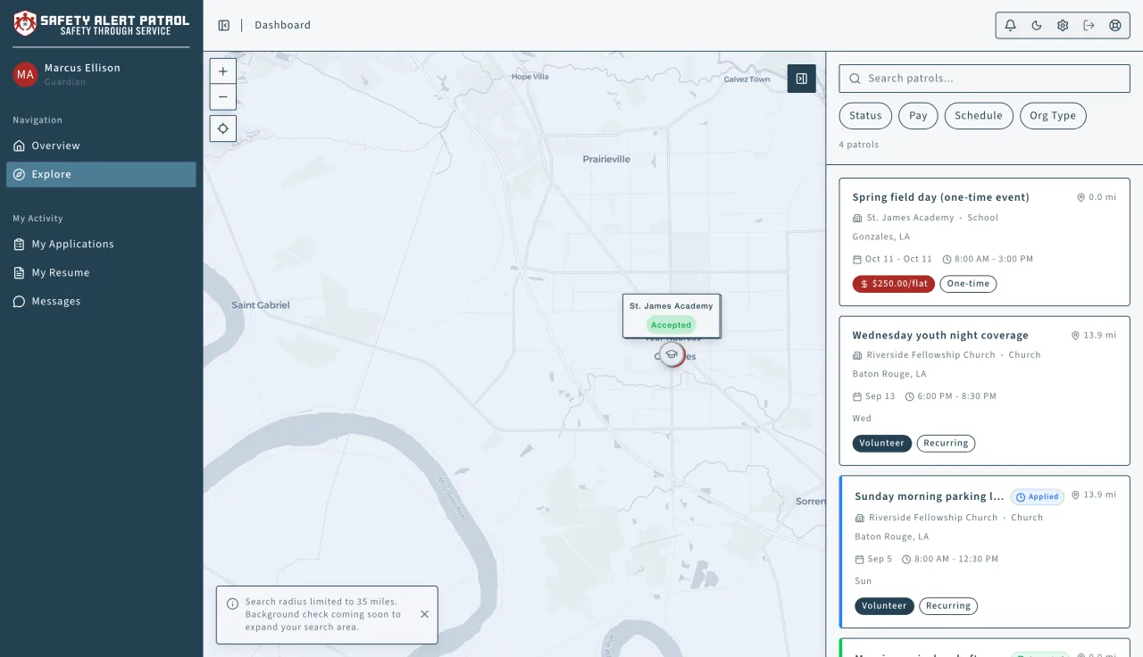 Safety Alert Patrol: Patrols near you, on the map