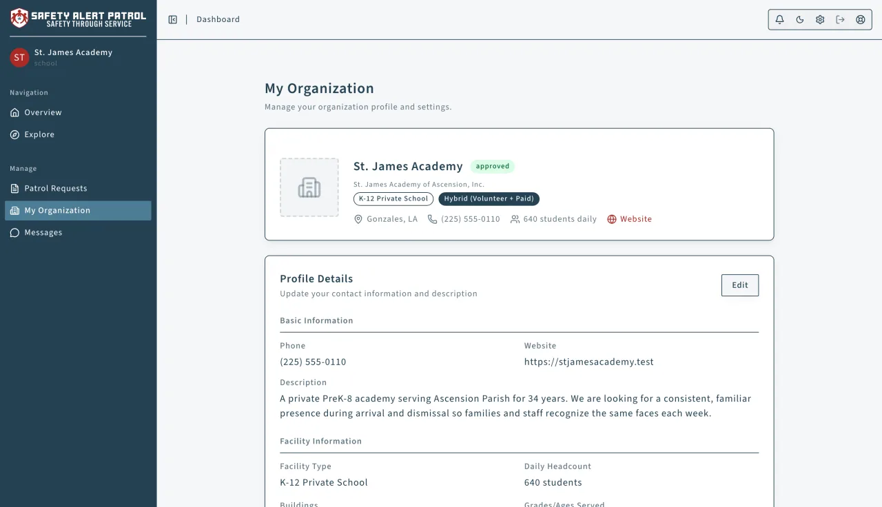 Safety Alert Patrol: Organization profile management