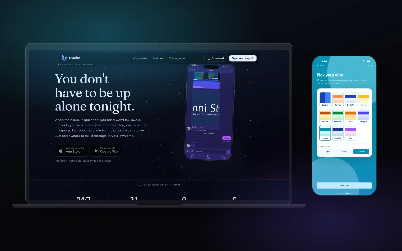 Uwake: the marketing site on a laptop and the app on a phone